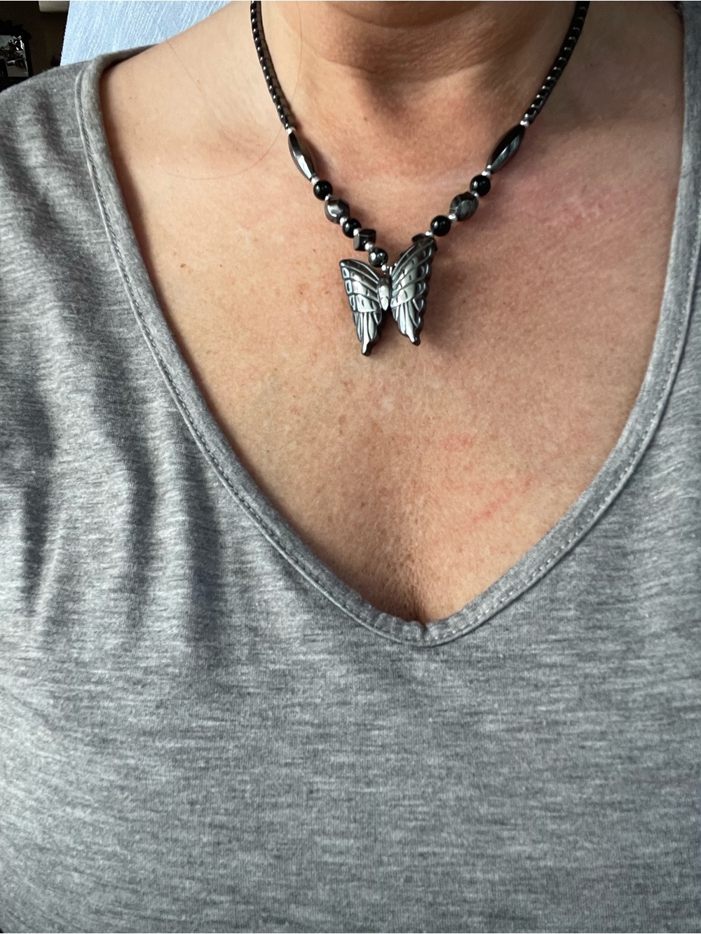 Carved Hematite Butterfly Pendant Statement Necklace - Picture 2 of 10